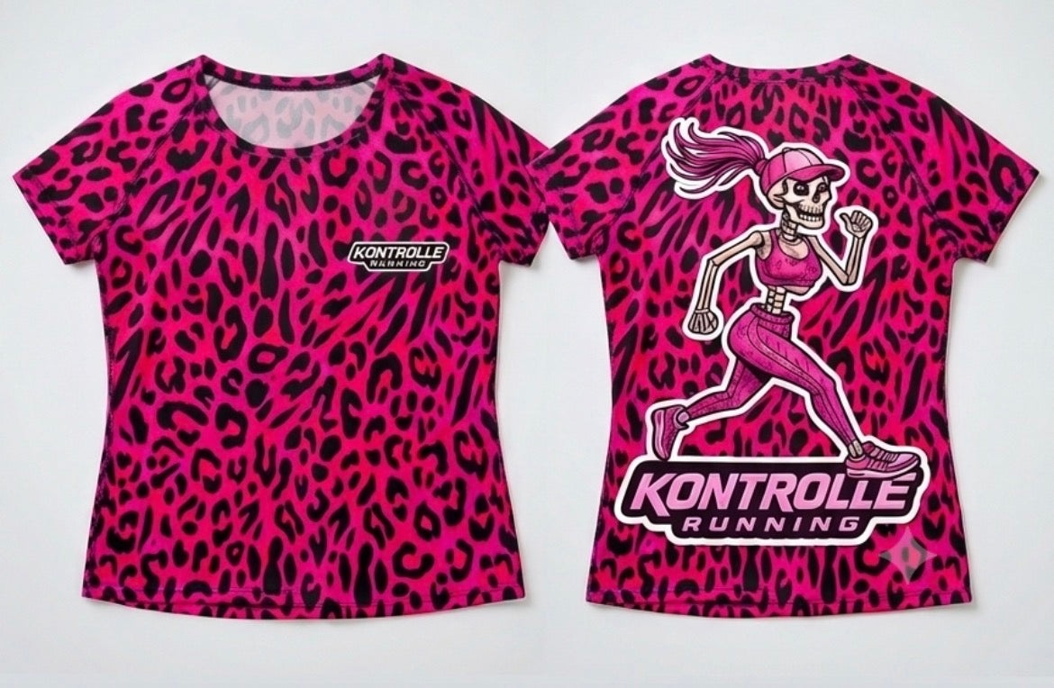 ALESSA SKELETTE - Women's Pink Leopard Print Running T Shirt